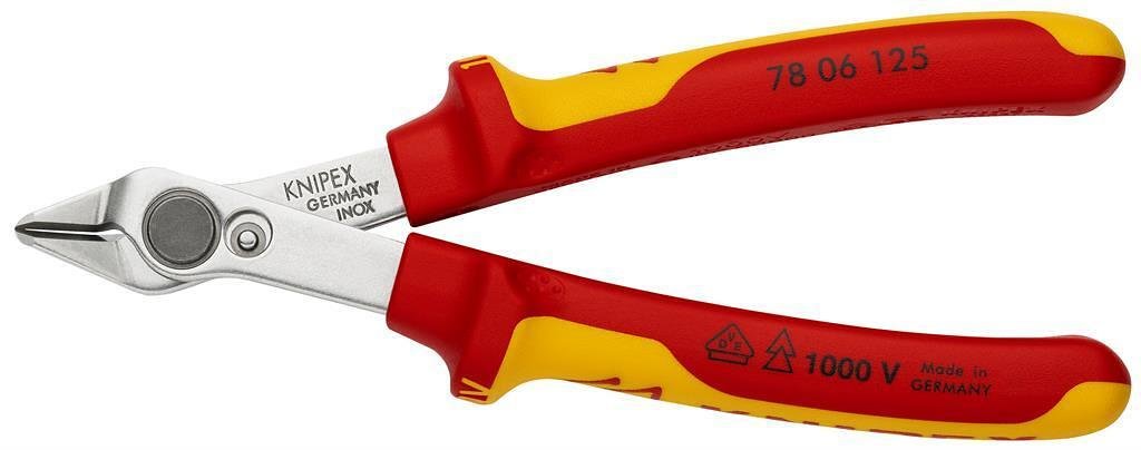 Pince coupe Super-Knips, acier inoxydable, VDE 1000V poignée jaune-rouge 125mm, avec ressort d'ouverture, Knipex - K7806125