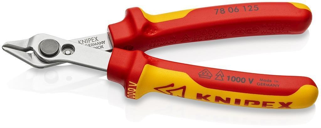 Pince coupe Super-Knips, acier inoxydable, VDE 1000V poignée jaune-rouge 125mm, avec ressort d'ouverture, Knipex - K7806125