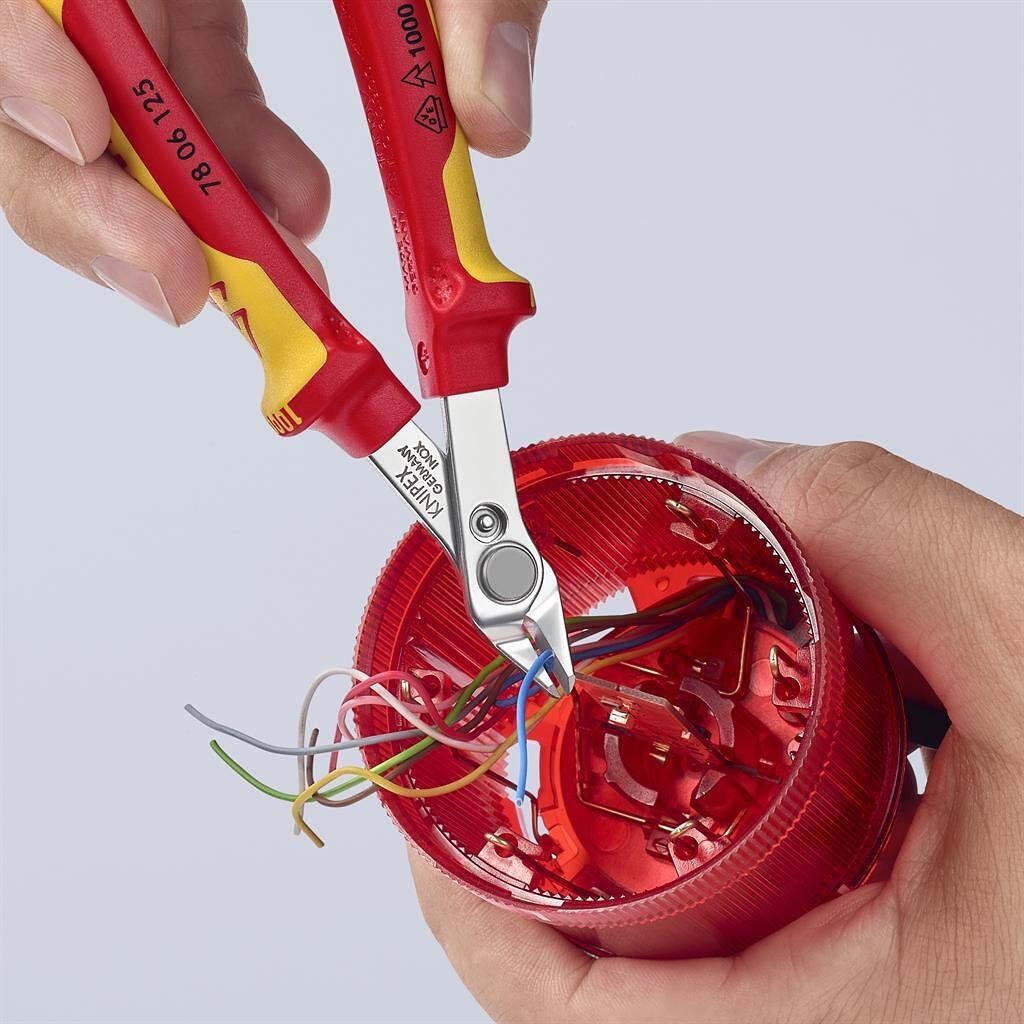 Super-Knips cutting pliers, stainless steel, VDE 1000V yellow-red handle 125mm, with opening spring, Knipex - K7806125