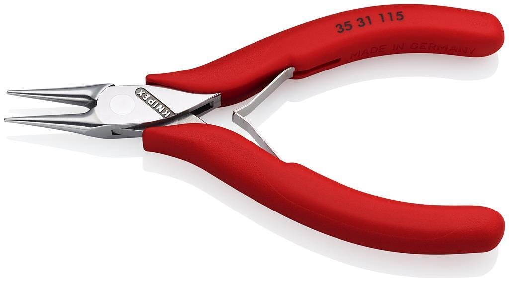 Alicates con punta redonda fina para electrónica, mango rojo 115mm, con resorte de apertura, Knipex - K3531115
