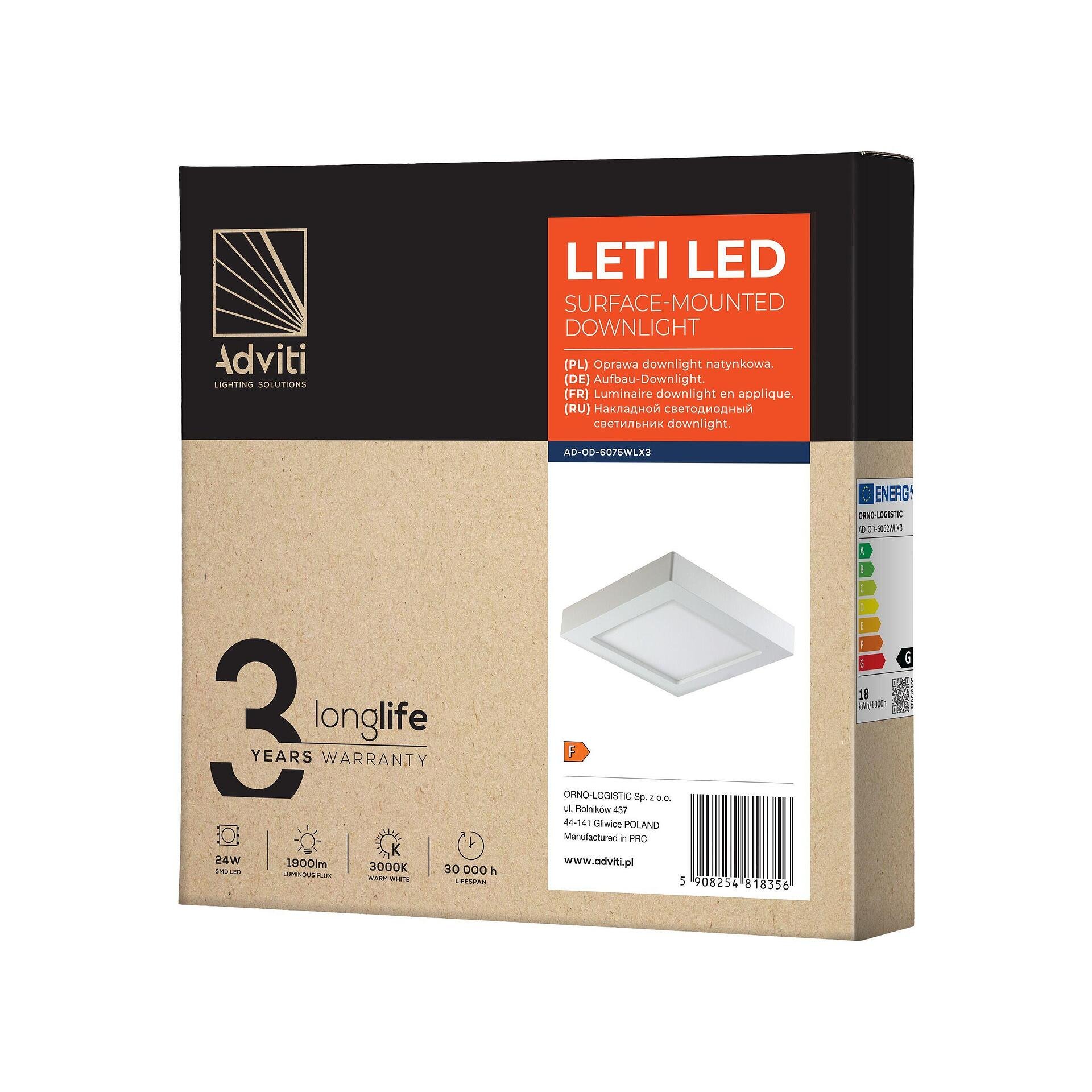 LETI LED 24W осветително тяло, за повърхностен монтаж, квадратно, 1900lm, 3000K, бяло, вградено LED захранване - AD-OD-6075WLX3, ADVITI