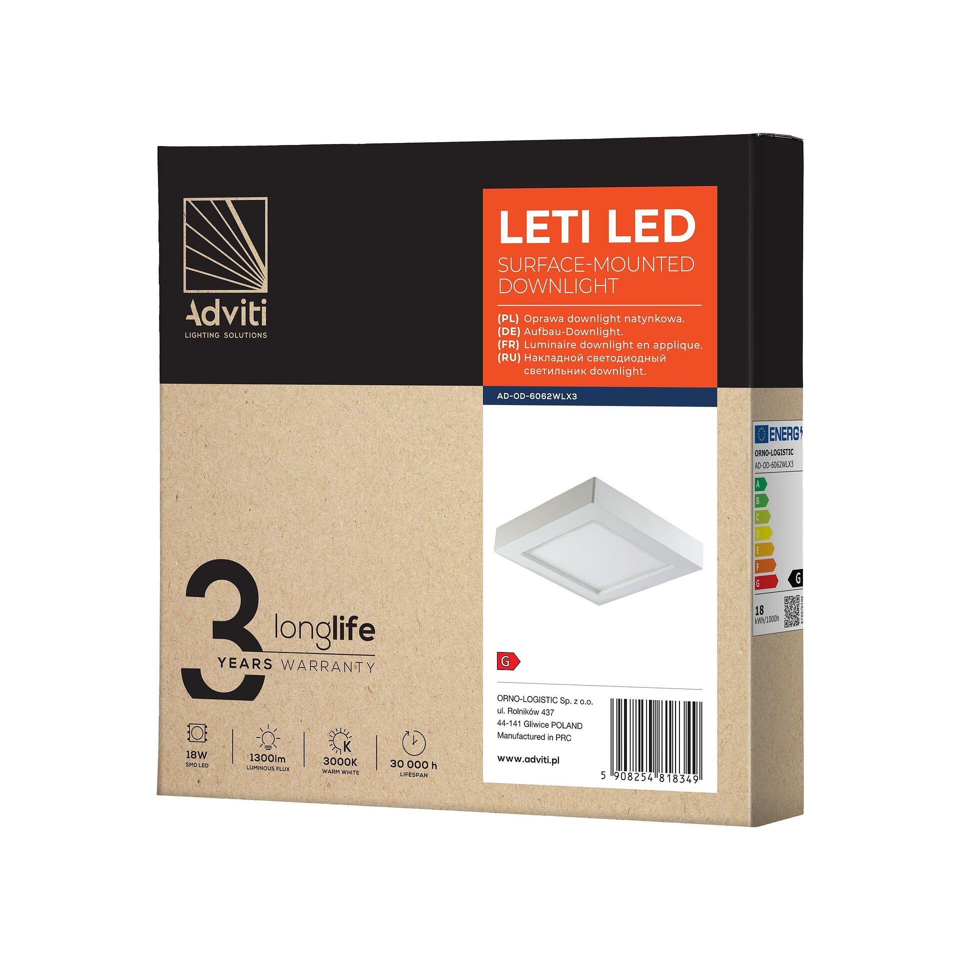 LETI LED 18W осветително тяло, за повърхностен монтаж, квадратно, 1500lm, 3000K, бяло, вградено LED захранване - AD-OD-6062WLX3, ADVITI