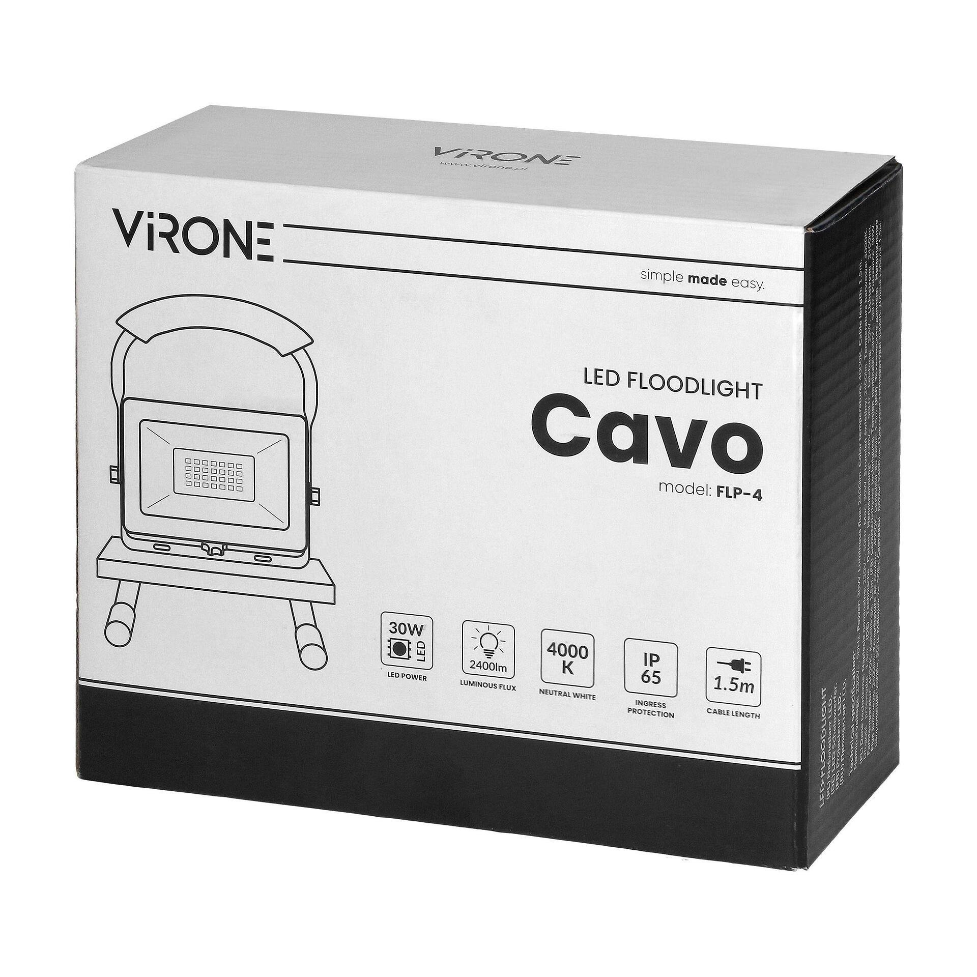 Pinceau LED portable CAVO 30W, sur pied, 2100 lm, IP44, 4000K, avec câble 1,5 m - FLP-4, VIRONE