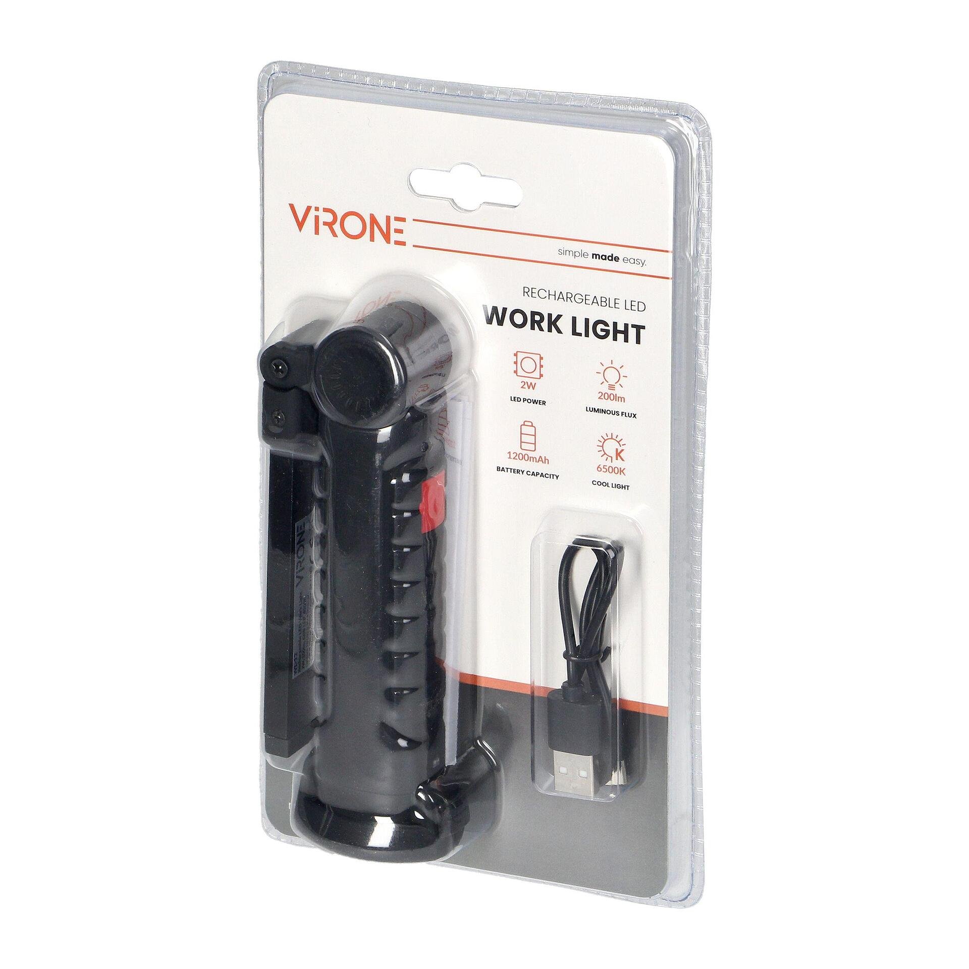 Lampe de travail LED COB 2W, lumière de travail, 200lm, 1200mAh, pliable - WL-12, VIRONE