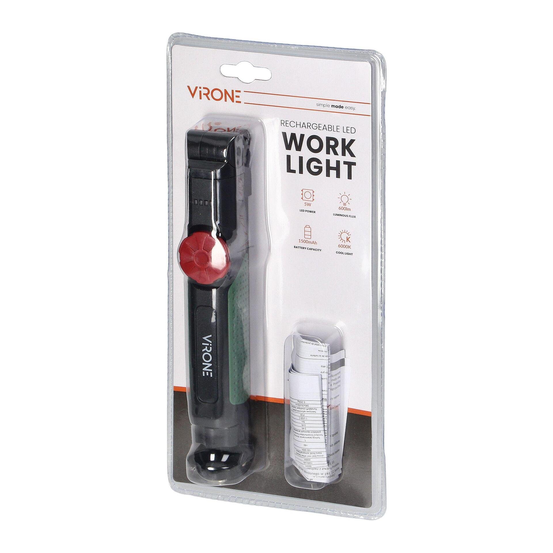 Lampe de travail LED COB 5W, lumière de travail, 600lm, 1500mAh, pliable - WL-13, VIRONE