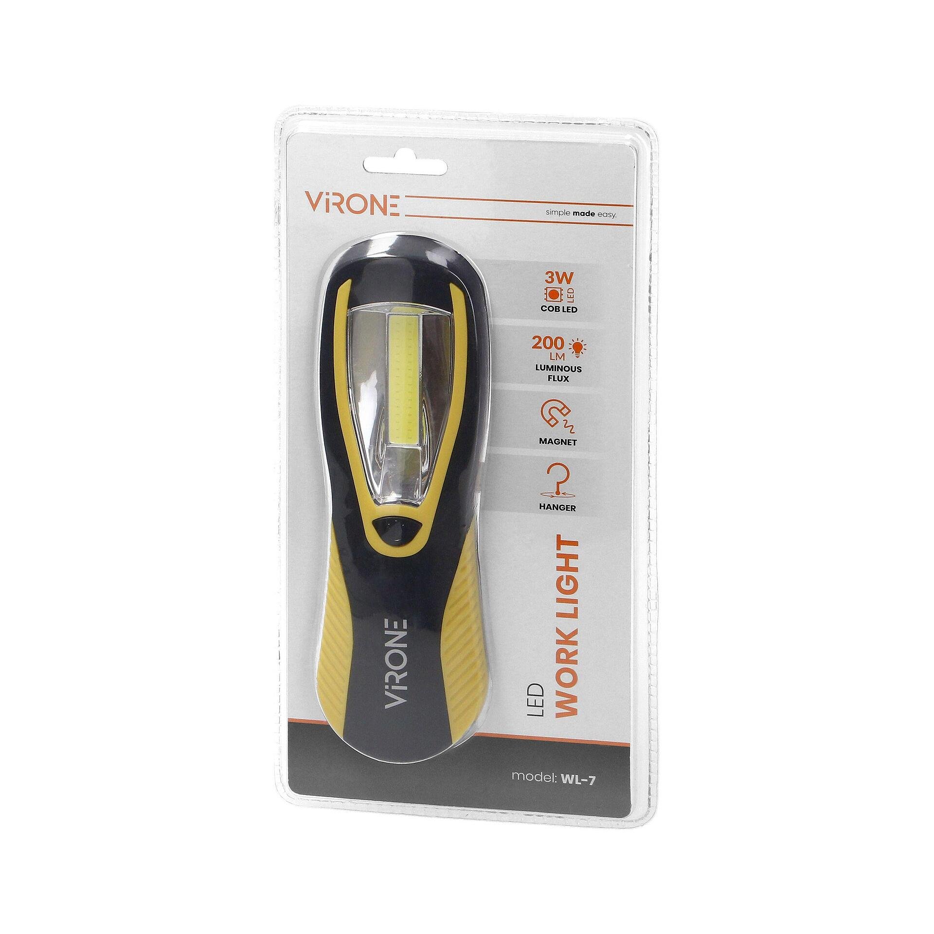Lampe de travail LED COB 3W, éclairage de travail, 200lm, 3 x AA aimant, crochet - WL-7, VIRONE