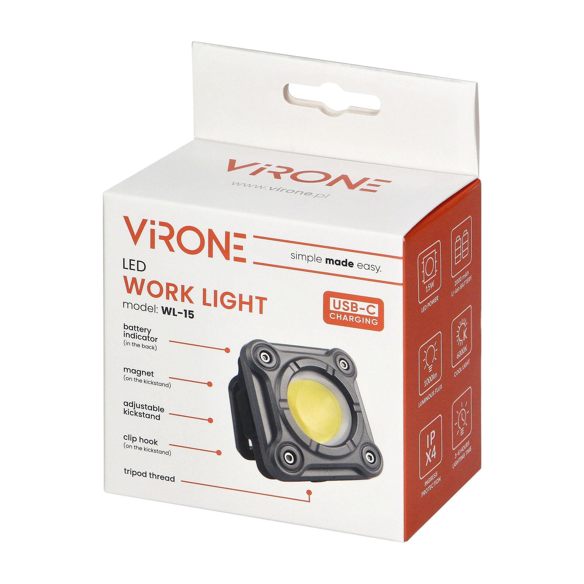 Lampe de travail LED COB 15W, 1000lm, 2000mAh - WL-15, VIRONE
