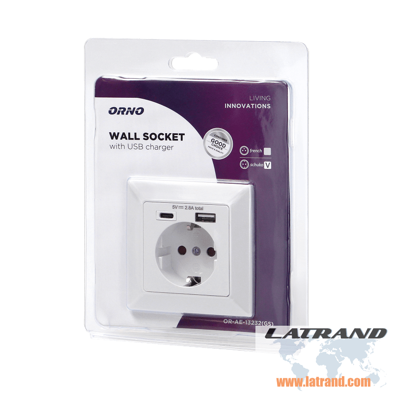 Einzelkontakt mit zwei USB-Ladegeräten USB-A + USB-C, 5VDC Ausgang, Einbau, Schuko, weiß Orno OR-AE-13232(GS)