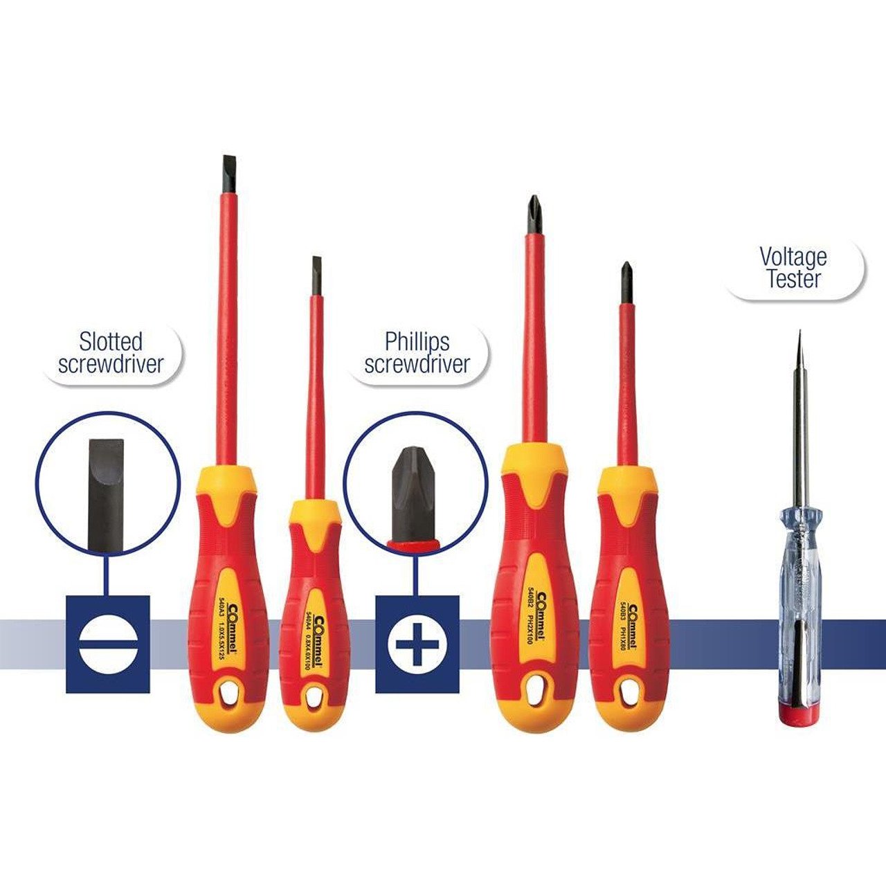 Kit de 4 tournevis VDE 1000V - 2x plat et 2x PH et phaseur, Commel - C370-252