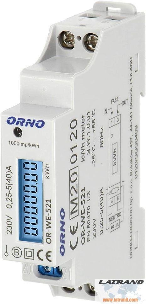Compteur monophasé pour MESURE DIRECTE de l'énergie électrique 40A Orno - OR-WE-521