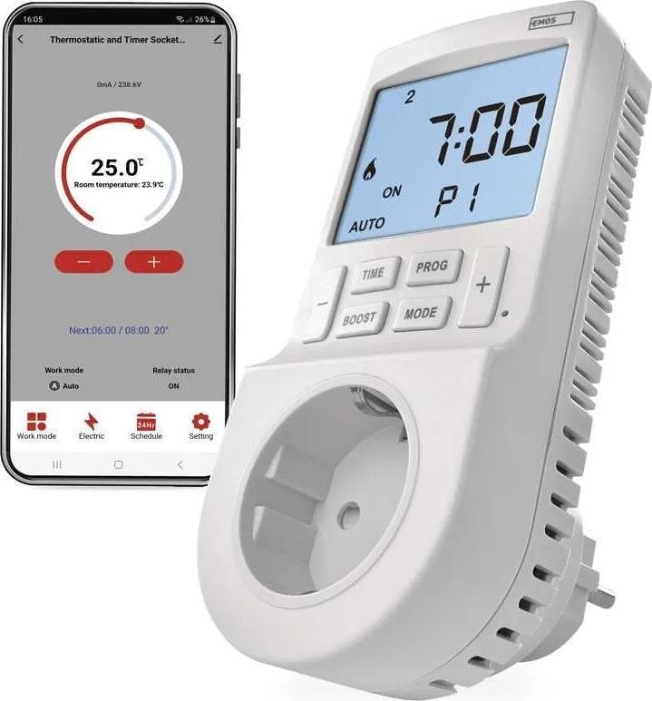 Termostat pentru încălzire sau răcire 5…40 °C cu ecran LCD 16A pentru priză schuko Wi-Fi GoSmart EMOS