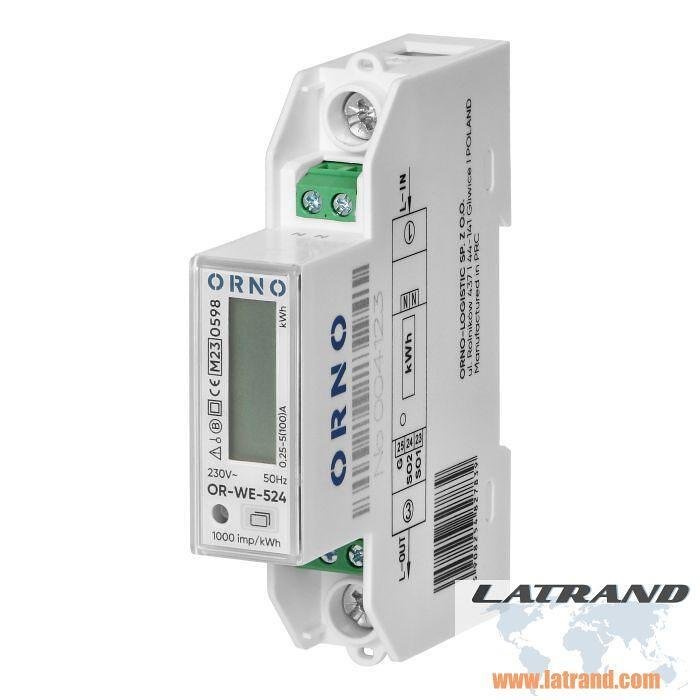 Compteur électrique monophasé pour MESURE DIRECTE de l'énergie électrique, monotaire, pour montage DIN 1 module, 100A, MID ORNO - OR-WE-524