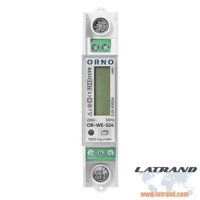 Single-phase energy meter for DIRECT measurement of electrical energy, single-tariff, for DIN mounting 1 module, 100A, MID ORNO - OR-WE-524
