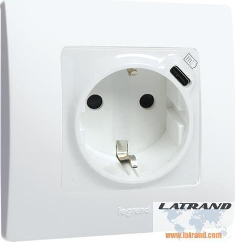 Kit Contact Schuko 16A + USB type C avec cadre décoratif, couleur blanc, série Niloe Legrand - 10011