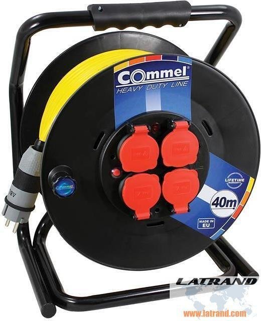 Trommel schwarz 40m IP44 AT N07V3V3-F 3G2.5mm² gelb thermischer Schutz 4 Schuko quadratischer Rahmen Commel