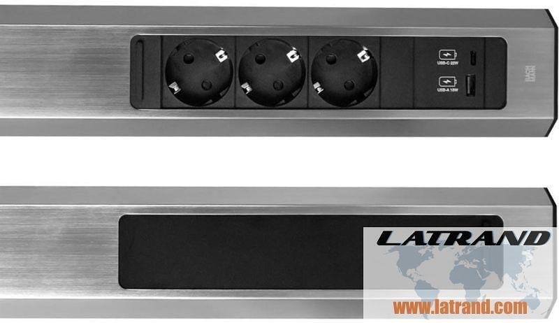 CASIA 2 module with 3x Schuko and USB A+C with shutter, with possibility for corner mounting, 2m power cable, Inox color, Bachmann B932.006
