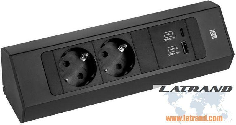 Módulo CASIA 2 con 2x Schuko y USB A+C, con posibilidad de montaje angular, cable de alimentación 2m, color Negro, Bachmann