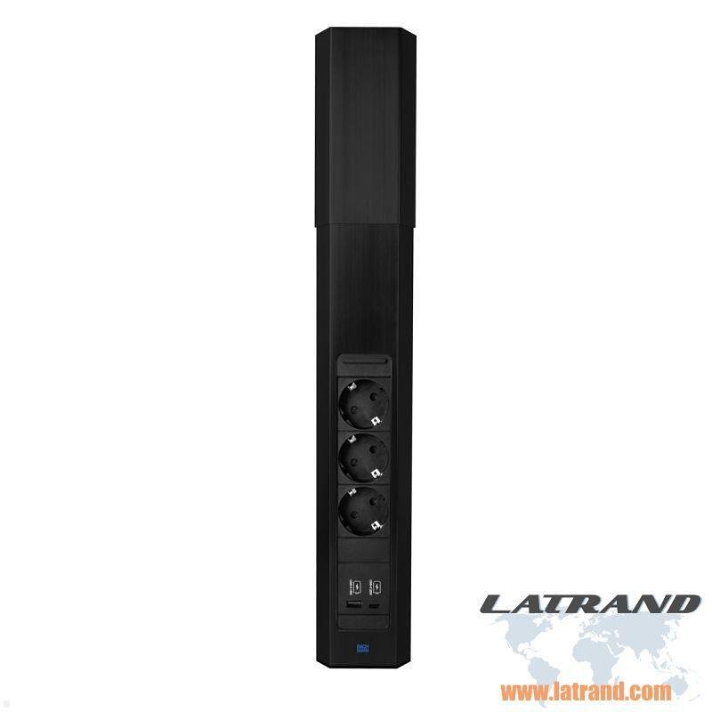 Módulo CASIA 2 con 3x Schuko y USB A+C con obturador, con posibilidad de montaje angular, cable de alimentación 2m, color Negro, Bachmann