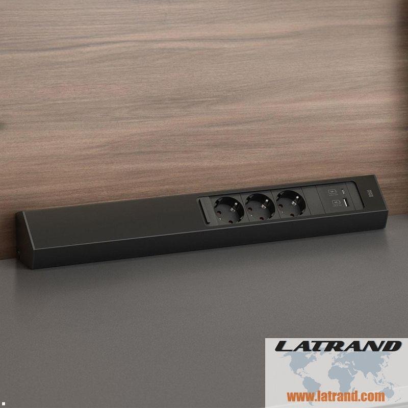 Módulo CASIA 2 con 3x Schuko y USB A+C con obturador, con posibilidad de montaje angular, cable de alimentación 2m, color Negro, Bachmann