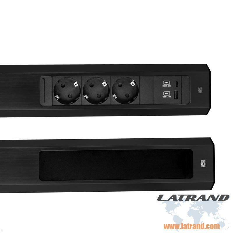 CASIA 2 module with 3x Schuko and USB A+C with shutter, with possibility for corner mounting, 2m power cable, Black color, Bachmann