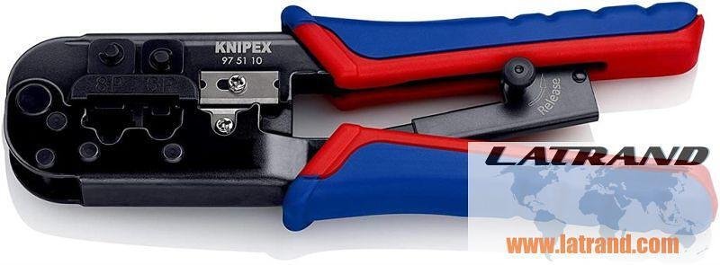 Strumento per crimpatura RJ45 e RJ11, spellatura e taglio, manico blu-rosso 190mm, con molla, Knipex - K975110