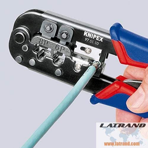 Strumento per crimpatura RJ45 e RJ11, spellatura e taglio, manico blu-rosso 190mm, con molla, Knipex - K975110