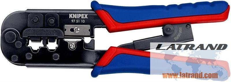 Outil à sertir RJ45 et RJ11, dénudrage et coupe, poignée bleu-rouge 190 mm, avec ressort, Knipex - K975110