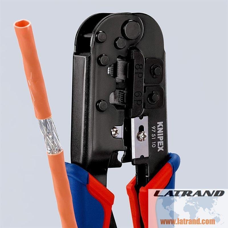 Outil à sertir RJ45 et RJ11, dénudrage et coupe, poignée bleu-rouge 190 mm, avec ressort, Knipex - K975110