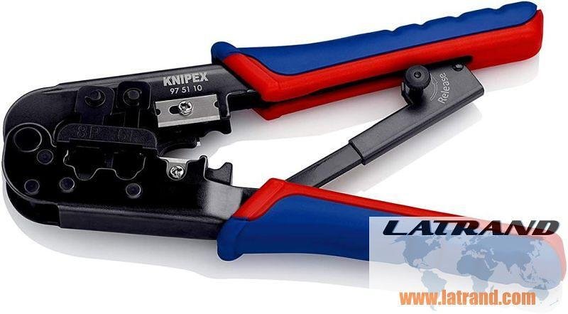 Outil à sertir RJ45 et RJ11, dénudrage et coupe, poignée bleu-rouge 190 mm, avec ressort, Knipex - K975110