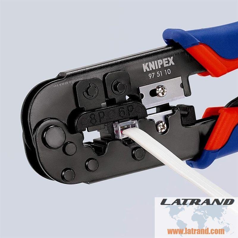 Outil à sertir RJ45 et RJ11, dénudrage et coupe, poignée bleu-rouge 190 mm, avec ressort, Knipex - K975110