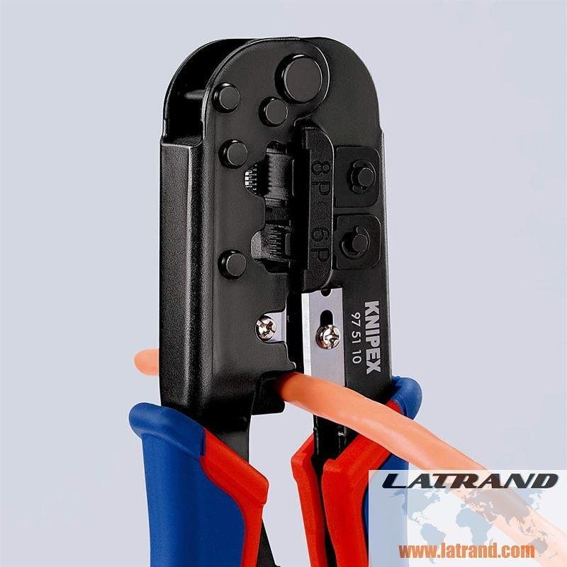 Outil à sertir RJ45 et RJ11, dénudrage et coupe, poignée bleu-rouge 190 mm, avec ressort, Knipex - K975110