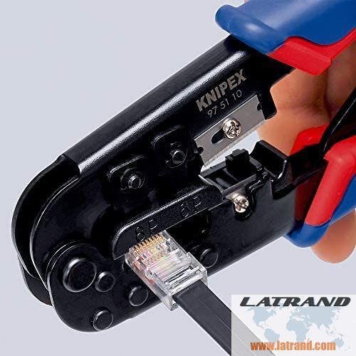 Outil à sertir RJ45 et RJ11, dénudrage et coupe, poignée bleu-rouge 190 mm, avec ressort, Knipex - K975110
