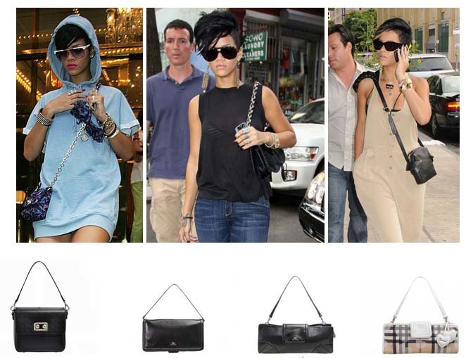 различни визии на Риана с кожена чанта през рамо в черен цвят