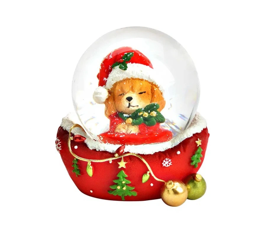 Снежен глобус куче с коледна шапка, червен Снежен глобус куче с коледна шапка, червен