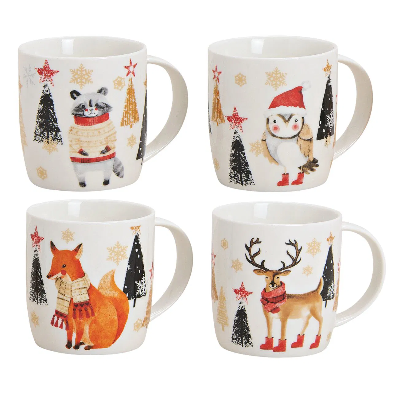 Комплект порцеланови коледни чаши с животни, 300мл Комплект порцеланови коледни чаши с животни, 300мл