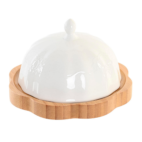 Кутия за масло, порцелан и бамбук, 17,5х17,5х10см, бяла