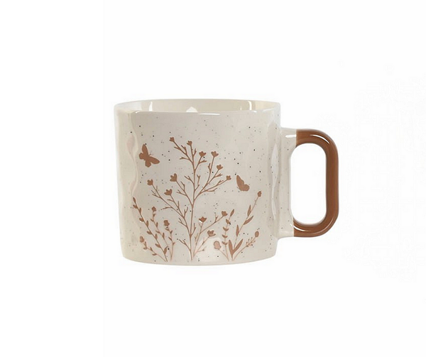 Порцеланова чаша с цветя и кафява дръжка, 400мл,10х9х9см