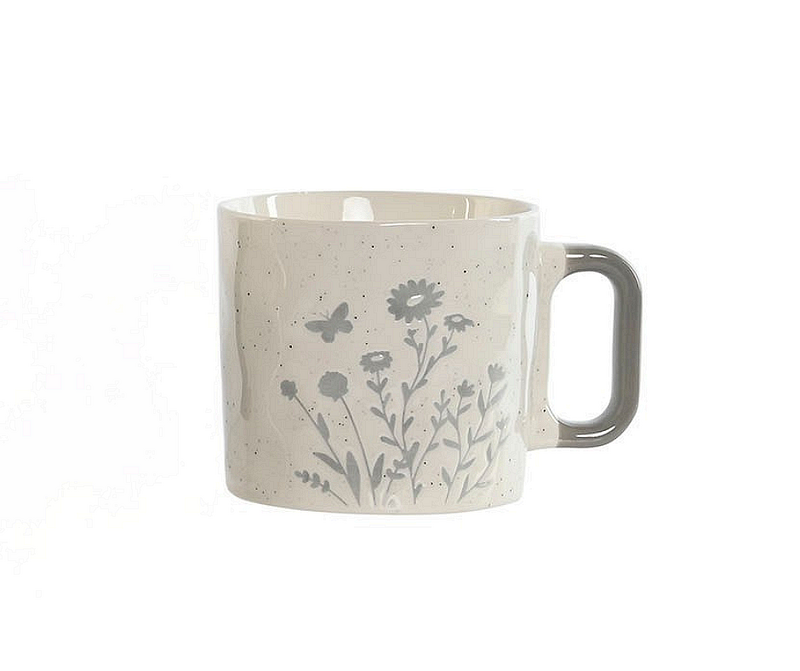 Порцеланова чаша с цветя и сива дръжка, 400мл