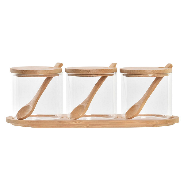 Комплект буркани за съхранение, 3 броя, боросиликат и бамбук Комплект буркани за съхранение, 3 броя, боросиликат и бамбук