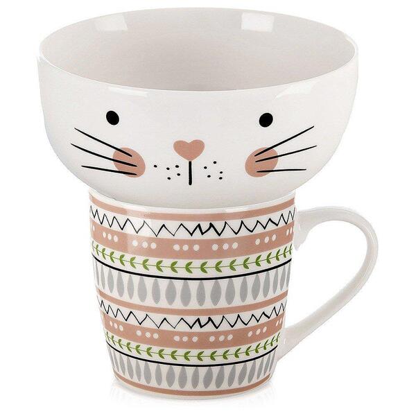 Детски комплект чаша с купа коте, порцелан