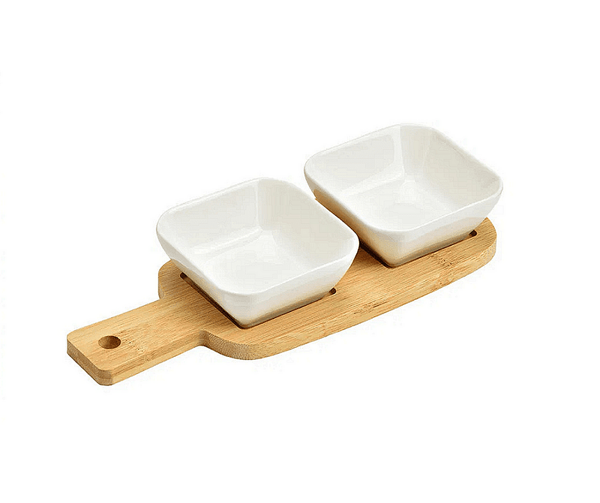 Комплект за сервиране от 3 части, керамика и бамбук