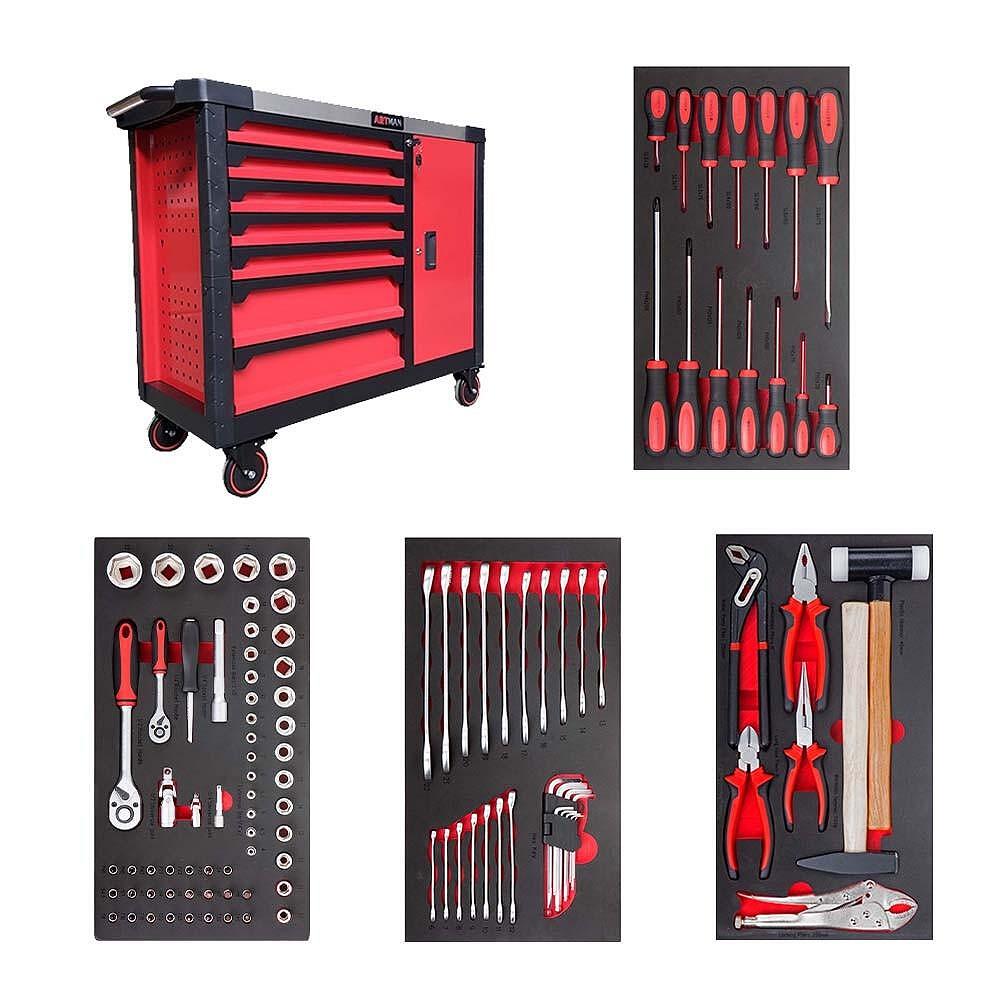 Dulap mobil cu 7 sertare si 1 spatiu mare de depozitare echipat cu scule, 107 piese