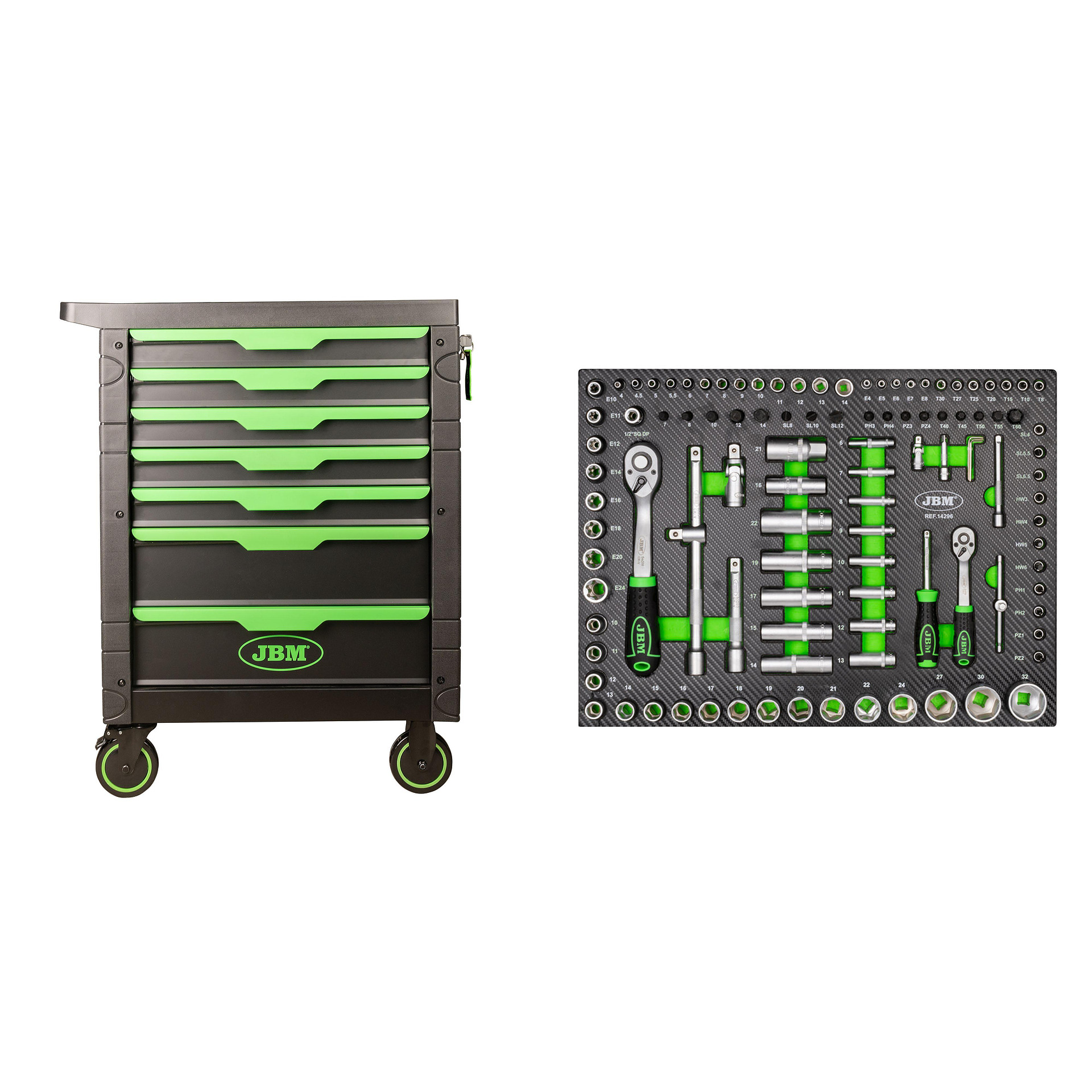 Carucior de scule verde cu 7 sertare (54503) +  modul de tubulare 108 piese ( 14296Y)