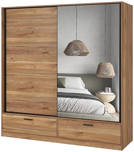 Гардероб Бета с 2 плъзгащи врати с огледало и 2 двойни чекмеджета дъб маувела с дължина 180 см