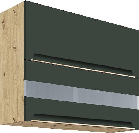 Горен кухненски шкаф Гламър тъмно зелен мат с 2 клапващи врати и стъкло 90 см
