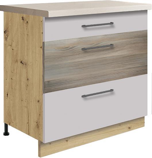 Долен кухненски шкаф Инфинити лате гланц и естествено дърво с 3 чекмеджета 80 см