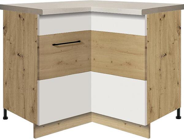 Долен кухненски шкаф Инфинити бял гланц и дъб артизан ъглов с 2 врати и механизъм 90/90 см