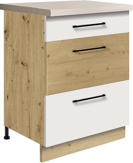 Долен кухненски шкаф Инфинити бял гланц и дъб артизан с 3 чекмеджета 60 см