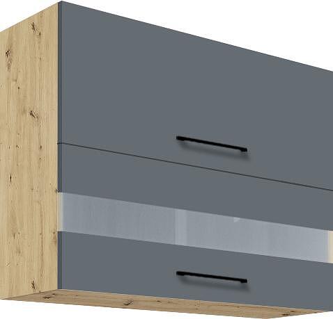 Горен кухненски шкаф Инфинити графит мат и дъб артизан с 2 клапващи врати и стъкло 90 см