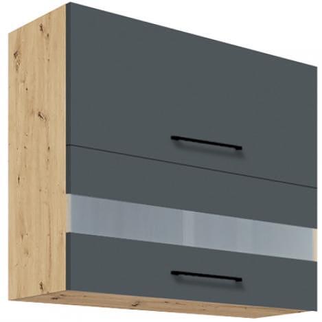 Горен кухненски шкаф Инфинити графит мат и дъб артизан с 2 клапващи врати и стъкло 80 см